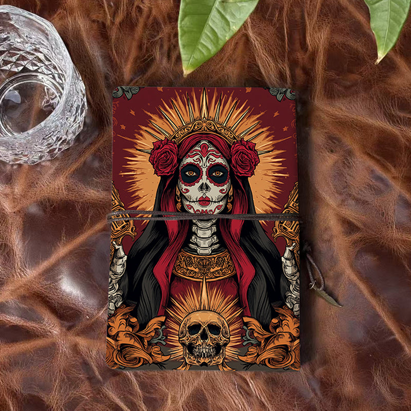 A6 Handcrafted Notebook Useful for PhD Candidates Perfect for Dissertation Drafts and Research Data with Sugar - skull woman with guns Pattern