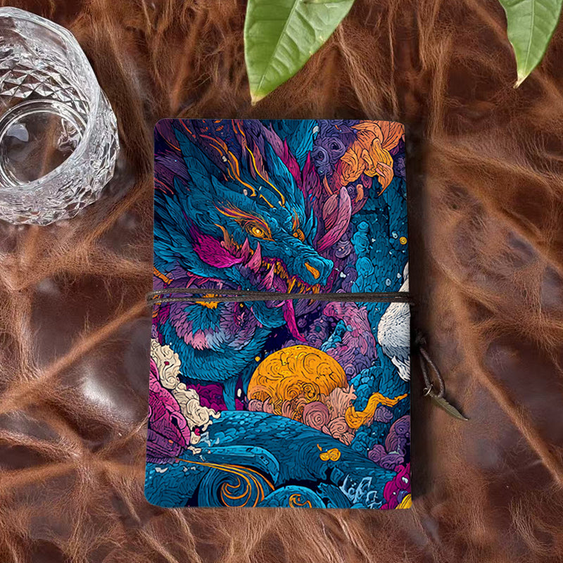A6 Handmade Beautiful Notebook Sweet Graduation Gift for Friends Suitable for Future Planning and Memory Journaling with Dragon, bear, clouds, moon, waves Pattern