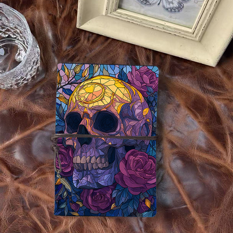 A6 Handmade Beautiful Notebook Heartfelt Teacher Appreciation Gift Suitable for Lecture Prep and Student Messages with Skull, roses, leaves, stained - glass Pattern