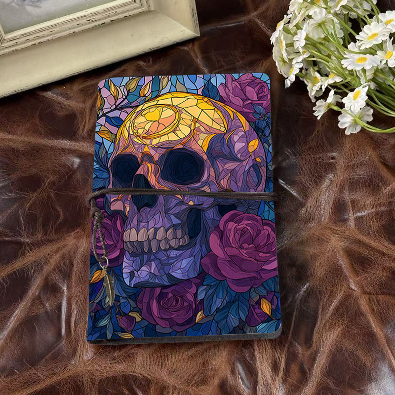 A6 Handmade Beautiful Notebook Heartfelt Teacher Appreciation Gift Suitable for Lecture Prep and Student Messages with Skull, roses, leaves, stained - glass Pattern