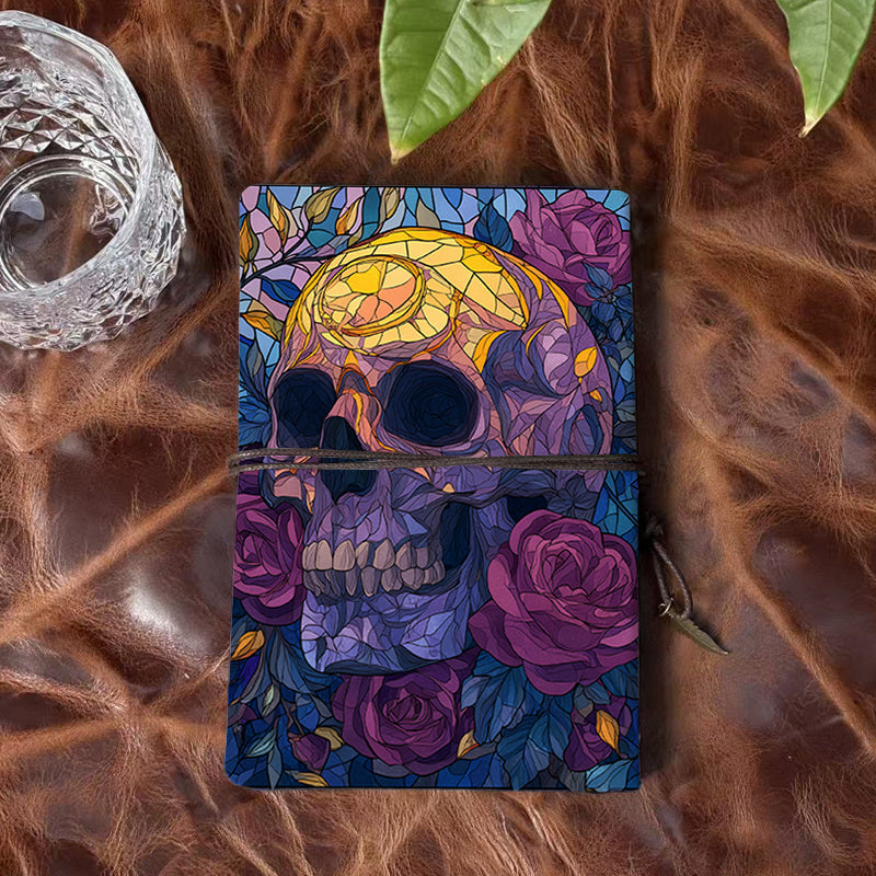 A6 Handmade Beautiful Notebook Heartfelt Teacher Appreciation Gift Suitable for Lecture Prep and Student Messages with Skull, roses, leaves, stained - glass Pattern