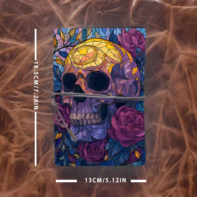 A6 Handmade Beautiful Notebook Heartfelt Teacher Appreciation Gift Suitable for Lecture Prep and Student Messages with Skull, roses, leaves, stained - glass Pattern