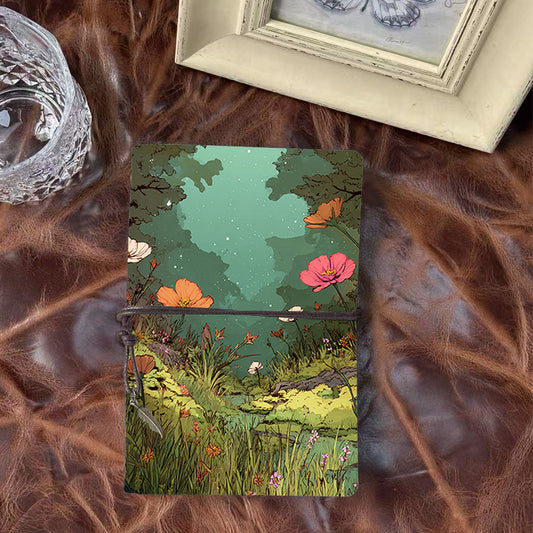 1PC Handmade A6 Notebook, Metal Hinge Clip for Paper Replacement, Office Essential with Tether Closure & Metal Pendant with Flowers, grass,