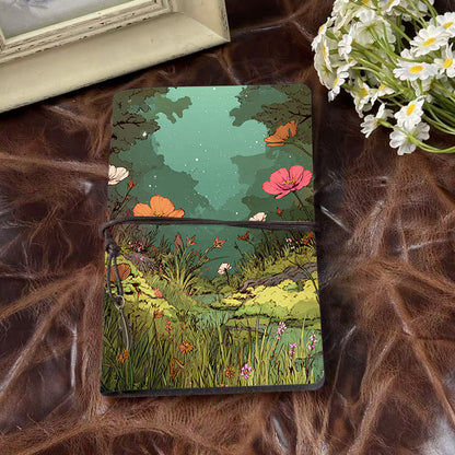 1PC Handmade A6 Notebook, Metal Hinge Clip for Paper Replacement, Office Essential with Tether Closure & Metal Pendant with Flowers, grass,