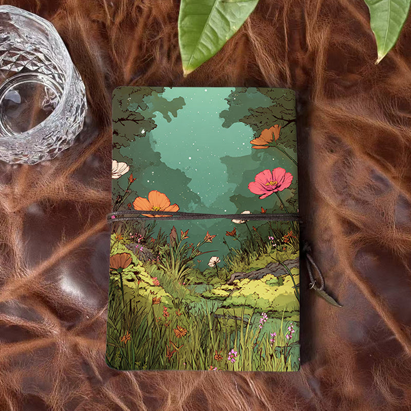 1PC Handmade A6 Notebook, Metal Hinge Clip for Paper Replacement, Office Essential with Tether Closure & Metal Pendant with Flowers, grass,