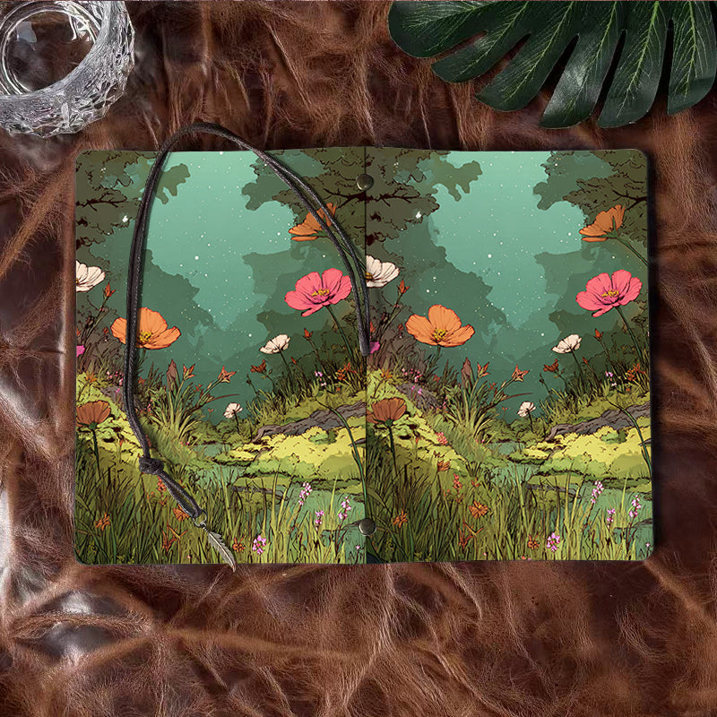 1PC Handmade A6 Notebook, Metal Hinge Clip for Paper Replacement, Office Essential with Tether Closure & Metal Pendant with Flowers, grass,