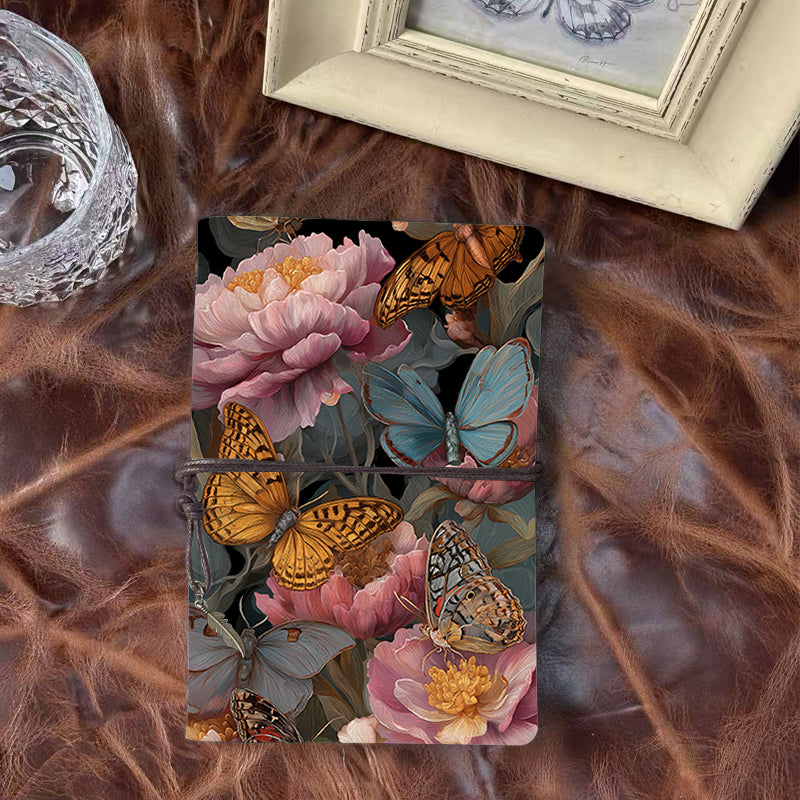 1 Handmade A6 Notebook with Retro Yellow Blank Papers, Tether Closure & Metal Pendant, Metal Hinge Clip for Office with Butterflies and peon