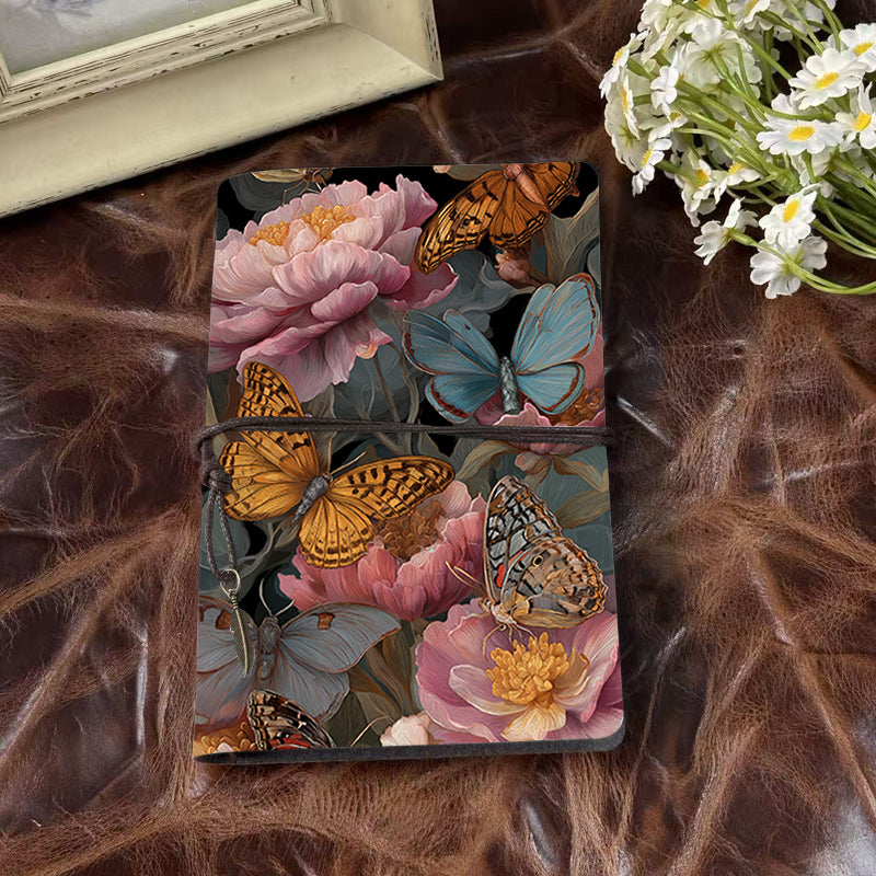 1 Handmade A6 Notebook with Retro Yellow Blank Papers, Tether Closure & Metal Pendant, Metal Hinge Clip for Office with Butterflies and peon