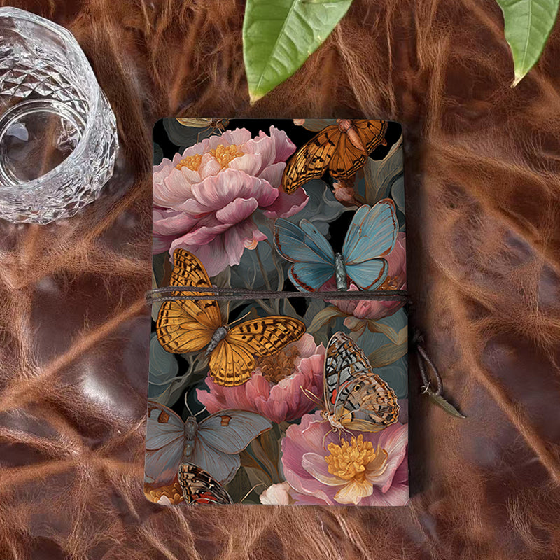 1 Handmade A6 Notebook with Retro Yellow Blank Papers, Tether Closure & Metal Pendant, Metal Hinge Clip for Office with Butterflies and peon