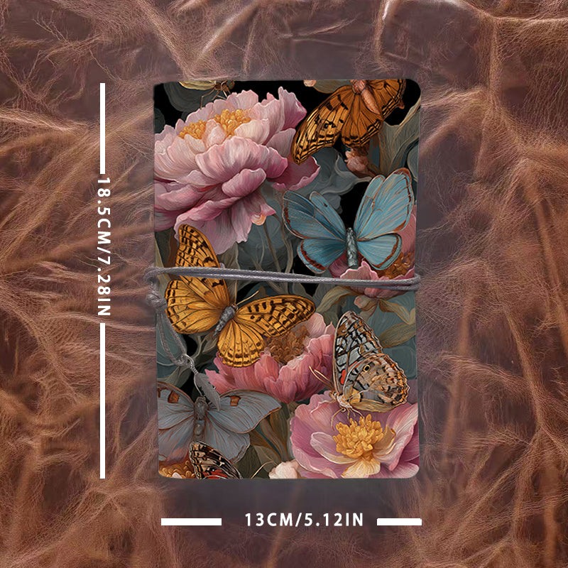 1 Handmade A6 Notebook with Retro Yellow Blank Papers, Tether Closure & Metal Pendant, Metal Hinge Clip for Office with Butterflies and peon