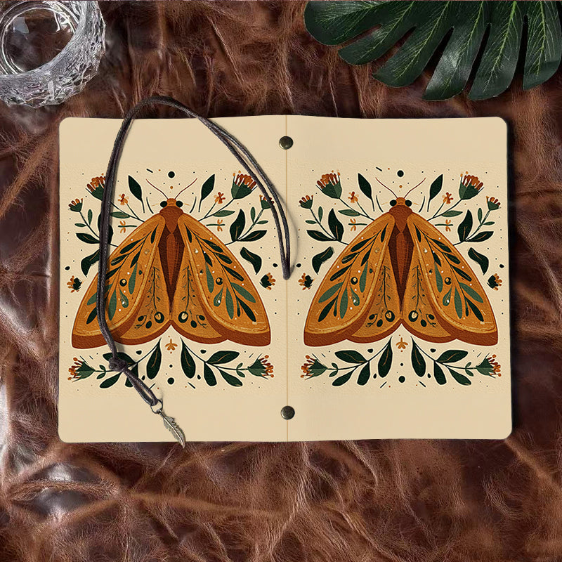 Office - Friendly Handmade A6 Notebook, Tether Closed with Metal Pendant, Metal Hinge Clip for Replaceable Papers, Great for Memos with Moth