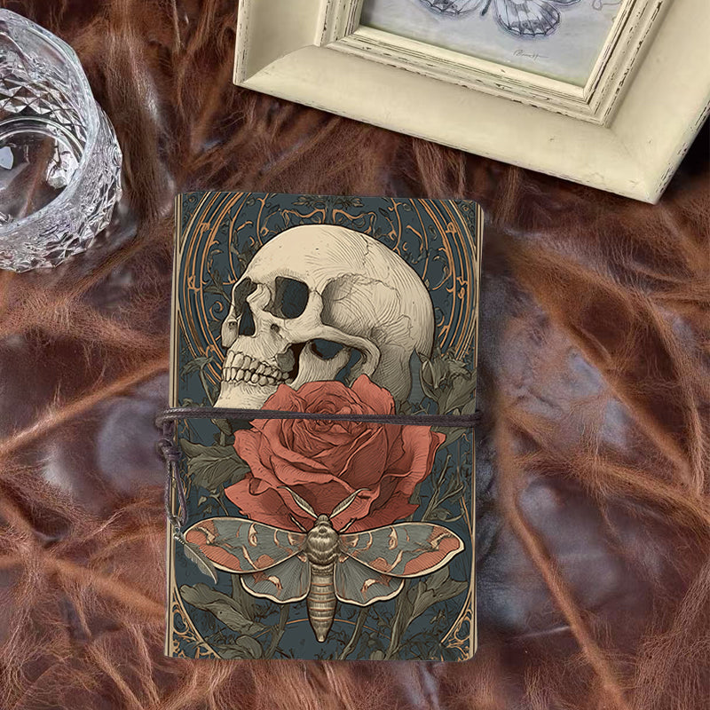 A6 Handmade Notebook, Metal Loose-leaf, 80 Sheets, Tether Closure with Metal Pendant, Office Use with Skull, rose, moth, ornate background P