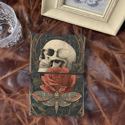 A6 Handmade Notebook, Metal Loose-leaf, 80 Sheets, Tether Closure with Metal Pendant, Office Use with Skull, rose, moth, ornate background P