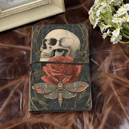 A6 Handmade Notebook, Metal Loose-leaf, 80 Sheets, Tether Closure with Metal Pendant, Office Use with Skull, rose, moth, ornate background P