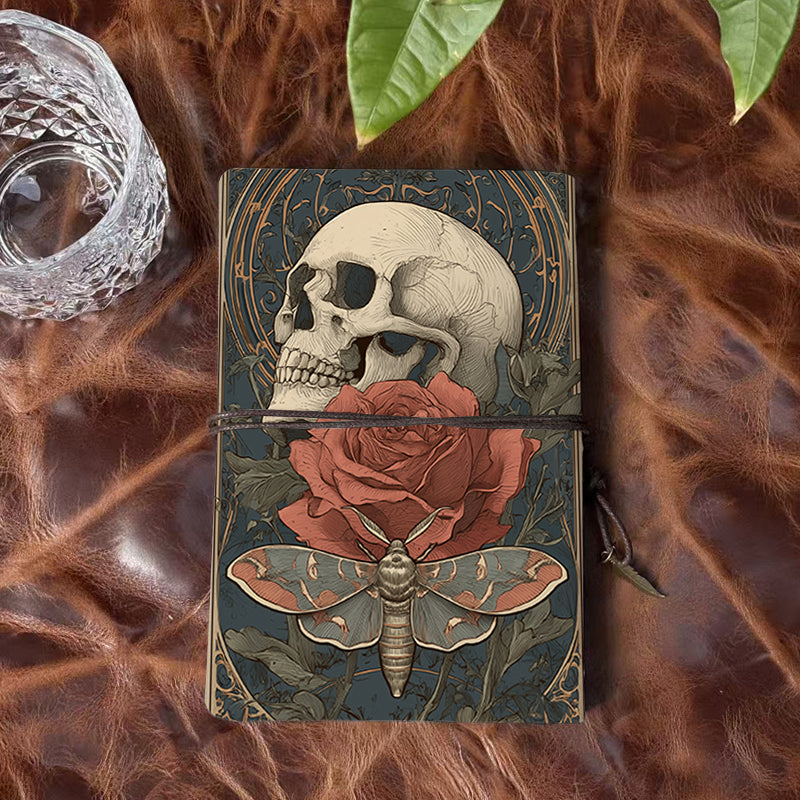 A6 Handmade Notebook, Metal Loose-leaf, 80 Sheets, Tether Closure with Metal Pendant, Office Use with Skull, rose, moth, ornate background P
