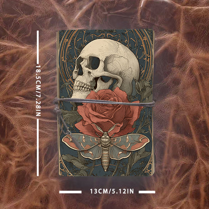 A6 Handmade Notebook, Metal Loose-leaf, 80 Sheets, Tether Closure with Metal Pendant, Office Use with Skull, rose, moth, ornate background P