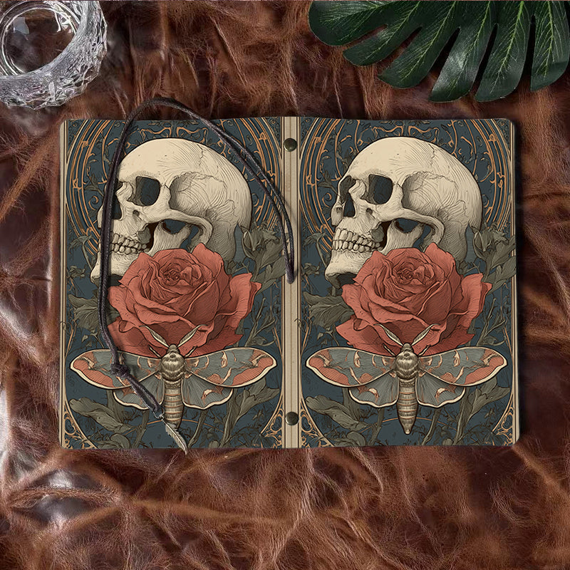 A6 Handmade Notebook, Metal Loose-leaf, 80 Sheets, Tether Closure with Metal Pendant, Office Use with Skull, rose, moth, ornate background P