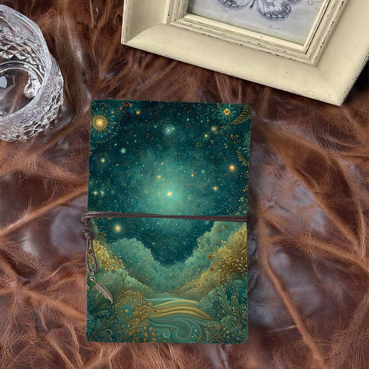 Handmade A6 Notebook with Metal Pendant Tether, 160 Pages, Loose-leaf, for Office with Stars, plants, river, night - sky Prints