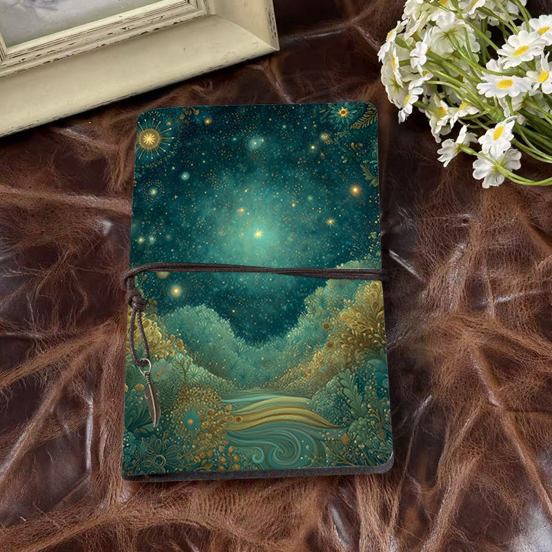 Handmade A6 Notebook with Metal Pendant Tether, 160 Pages, Loose-leaf, for Office with Stars, plants, river, night - sky Prints