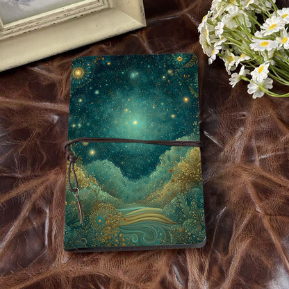 Handmade A6 Notebook with Metal Pendant Tether, 160 Pages, Loose-leaf, for Office with Stars, plants, river, night - sky Prints