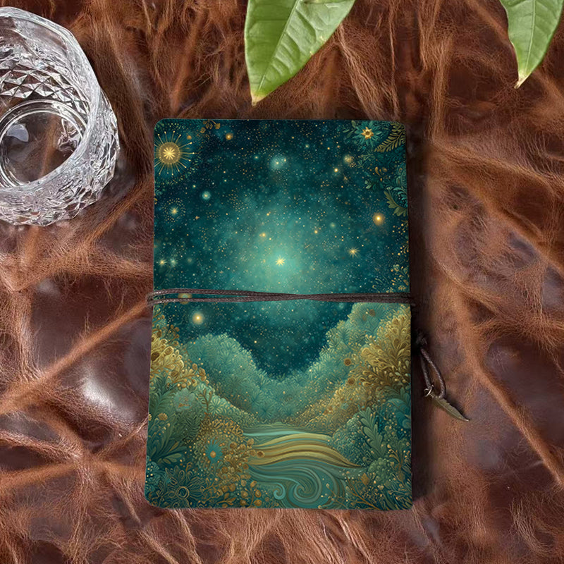 Handmade A6 Notebook with Metal Pendant Tether, 160 Pages, Loose-leaf, for Office with Stars, plants, river, night - sky Prints