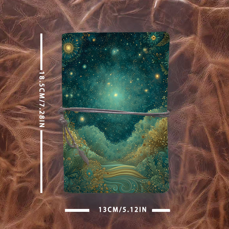 Handmade A6 Notebook with Metal Pendant Tether, 160 Pages, Loose-leaf, for Office with Stars, plants, river, night - sky Prints