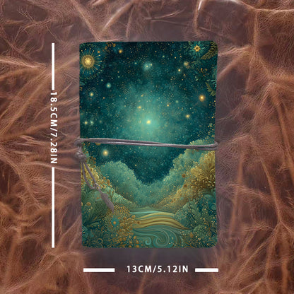 Handmade A6 Notebook with Metal Pendant Tether, 160 Pages, Loose-leaf, for Office with Stars, plants, river, night - sky Prints