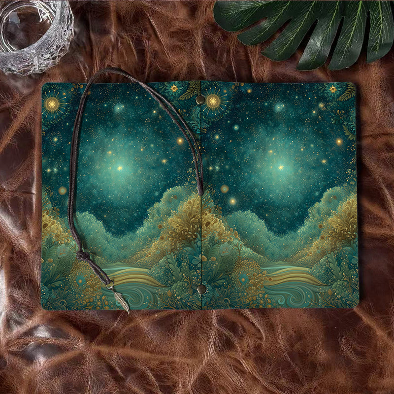Handmade A6 Notebook with Metal Pendant Tether, 160 Pages, Loose-leaf, for Office with Stars, plants, river, night - sky Prints