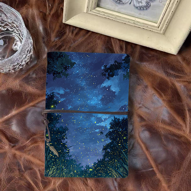 A6 Handmade Office Notebook, 80 Sheets, Metal Loose-leaf, Tether Close with Metal Pendant with Fireflies, stars, trees, night - sky Prints