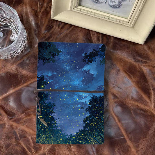 A6 Handmade Office Notebook, 80 Sheets, Metal Loose-leaf, Tether Close with Metal Pendant with Fireflies, stars, trees, night - sky Prints