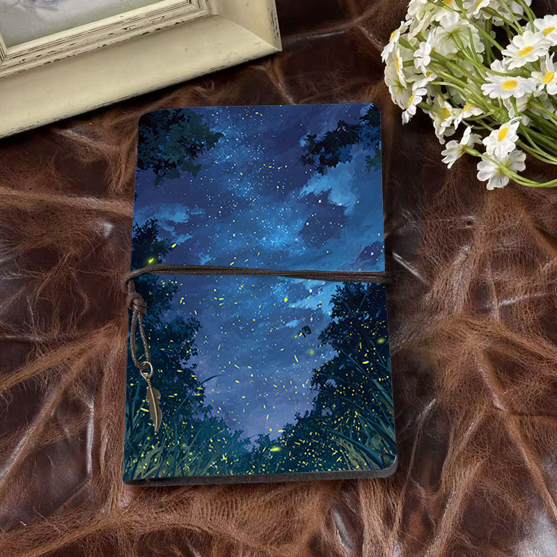 A6 Handmade Office Notebook, 80 Sheets, Metal Loose-leaf, Tether Close with Metal Pendant with Fireflies, stars, trees, night - sky Prints