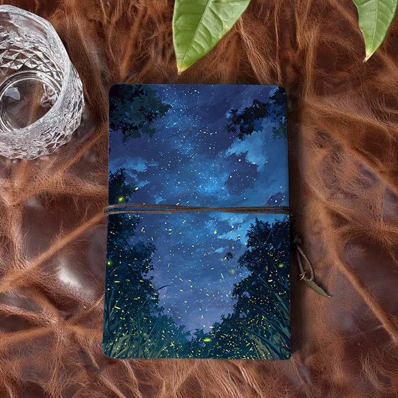 A6 Handmade Office Notebook, 80 Sheets, Metal Loose-leaf, Tether Close with Metal Pendant with Fireflies, stars, trees, night - sky Prints