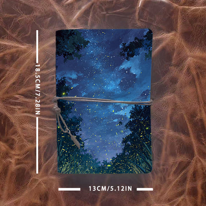 A6 Handmade Office Notebook, 80 Sheets, Metal Loose-leaf, Tether Close with Metal Pendant with Fireflies, stars, trees, night - sky Prints