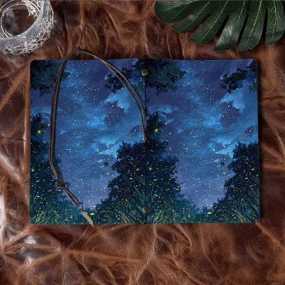 A6 Handmade Office Notebook, 80 Sheets, Metal Loose-leaf, Tether Close with Metal Pendant with Fireflies, stars, trees, night - sky Prints