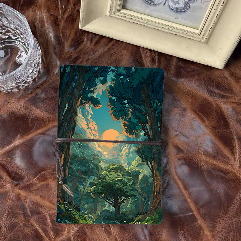 Handmade A6 Notebook - 80 Sheets, Metal Binder, Tether & Metal Pendant Closure, Office Record Use with Trees, sun, clouds, forest, flowers P