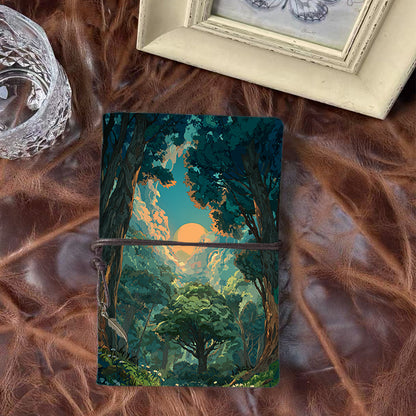 Handmade A6 Notebook - 80 Sheets, Metal Binder, Tether & Metal Pendant Closure, Office Record Use with Trees, sun, clouds, forest, flowers P