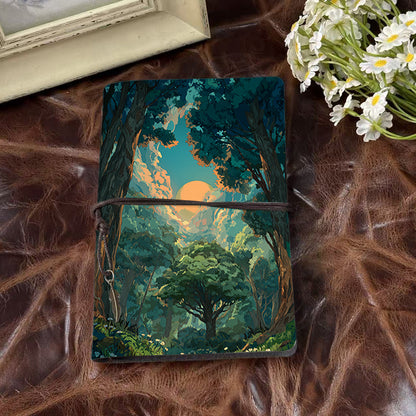 Handmade A6 Notebook - 80 Sheets, Metal Binder, Tether & Metal Pendant Closure, Office Record Use with Trees, sun, clouds, forest, flowers P