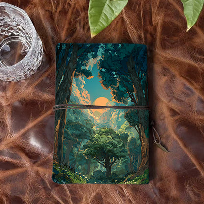 Handmade A6 Notebook - 80 Sheets, Metal Binder, Tether & Metal Pendant Closure, Office Record Use with Trees, sun, clouds, forest, flowers P