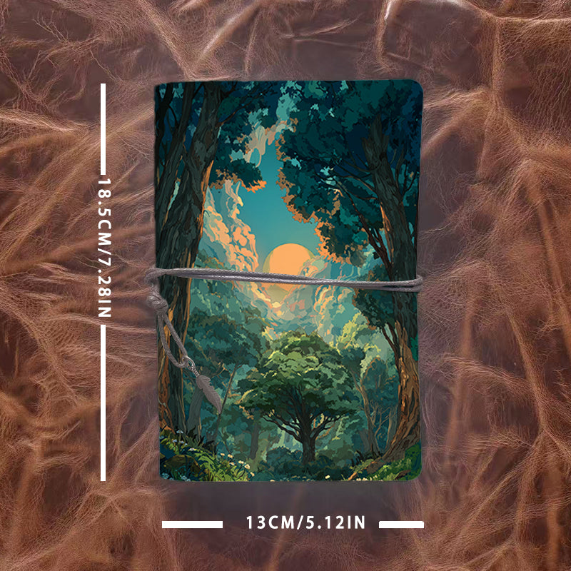 Handmade A6 Notebook - 80 Sheets, Metal Binder, Tether & Metal Pendant Closure, Office Record Use with Trees, sun, clouds, forest, flowers P