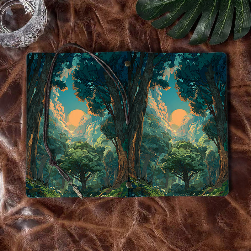 Handmade A6 Notebook - 80 Sheets, Metal Binder, Tether & Metal Pendant Closure, Office Record Use with Trees, sun, clouds, forest, flowers P