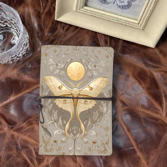 A6 Handmade Notebook, 160 Pages, Metal Loose-leaf, Tether Closure w/ Metal Pendant, Ideal for Office with Moth, moon, leaves, flowers, insec
