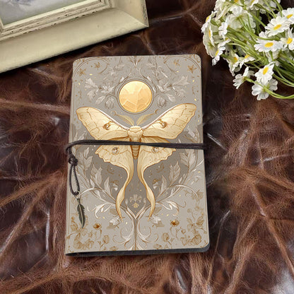 A6 Handmade Notebook, 160 Pages, Metal Loose-leaf, Tether Closure w/ Metal Pendant, Ideal for Office with Moth, moon, leaves, flowers, insec