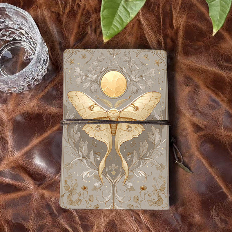 A6 Handmade Notebook, 160 Pages, Metal Loose-leaf, Tether Closure w/ Metal Pendant, Ideal for Office with Moth, moon, leaves, flowers, insec