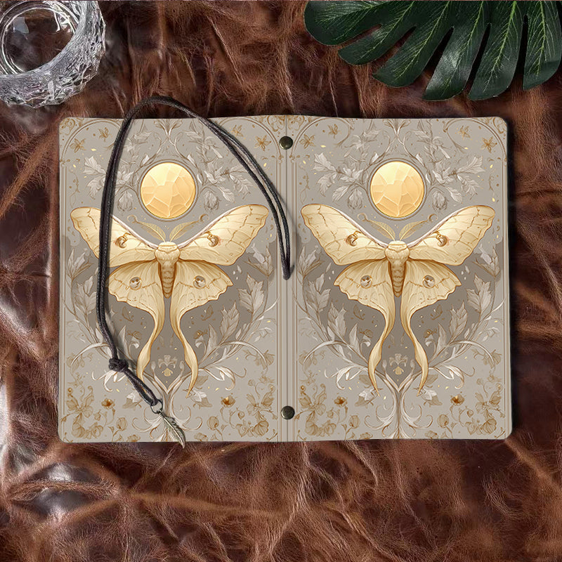 A6 Handmade Notebook, 160 Pages, Metal Loose-leaf, Tether Closure w/ Metal Pendant, Ideal for Office with Moth, moon, leaves, flowers, insec
