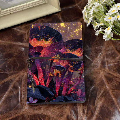 A6 Handmade Notebook with Metal Pendant, 80 Sheets, Loose-leaf, Tether Closure, Office with Glowing mushrooms and floating lights Prints