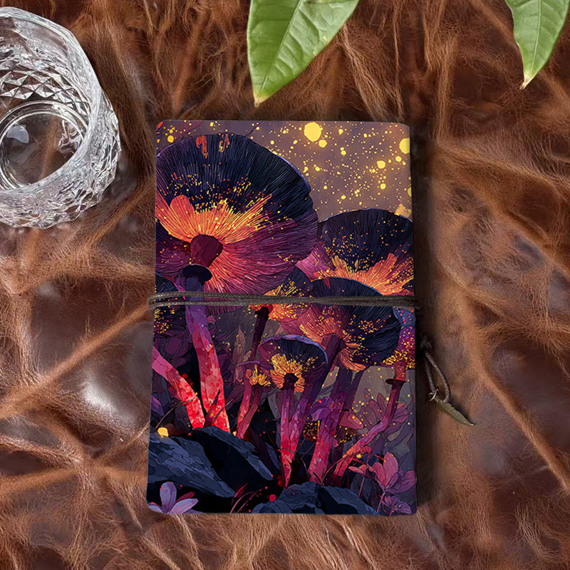 A6 Handmade Notebook with Metal Pendant, 80 Sheets, Loose-leaf, Tether Closure, Office with Glowing mushrooms and floating lights Prints
