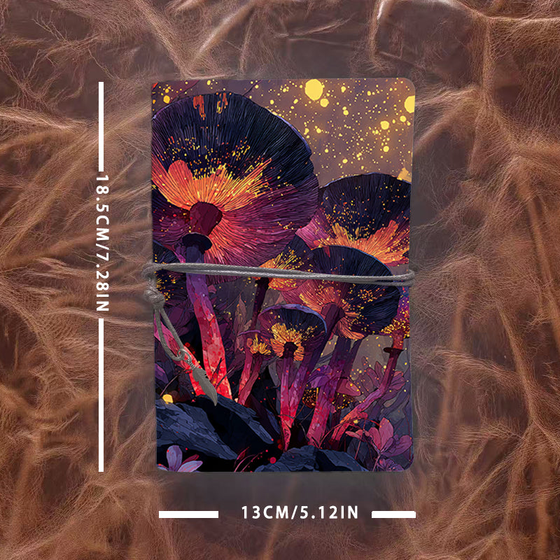 A6 Handmade Notebook with Metal Pendant, 80 Sheets, Loose-leaf, Tether Closure, Office with Glowing mushrooms and floating lights Prints