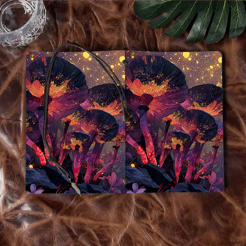 A6 Handmade Notebook with Metal Pendant, 80 Sheets, Loose-leaf, Tether Closure, Office with Glowing mushrooms and floating lights Prints