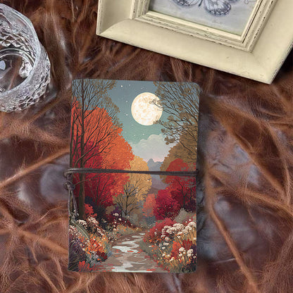 Handmade A6 Notebook, Metal Loose-leaf, 80 Sheets, Tether & Metal Pendant, Office Memo Use with Moon, trees, path, flowers, stars Prints