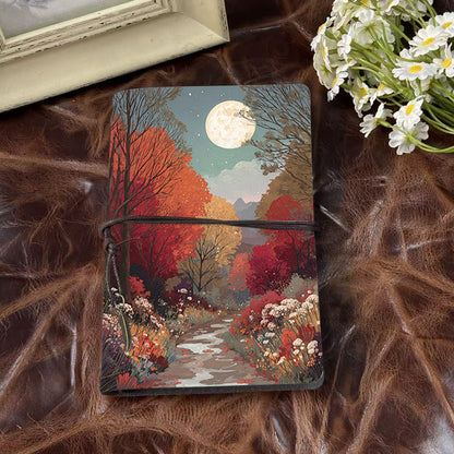 Handmade A6 Notebook, Metal Loose-leaf, 80 Sheets, Tether & Metal Pendant, Office Memo Use with Moon, trees, path, flowers, stars Prints